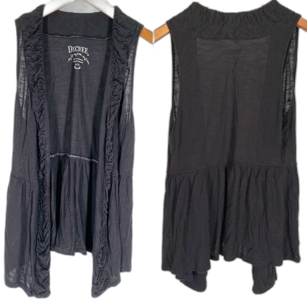 Decree S Top Solid Black Sleeveless Top with Peplum Open Front Minimalist